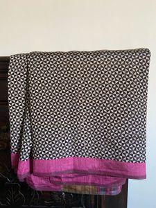Black & White Geometric Saree with Pink Border