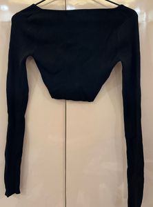 Black Ribbed Twist Front Long Sleeve Top