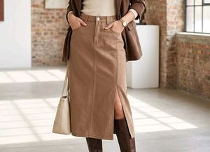 Chic Mocha Denim Midi Skirt
