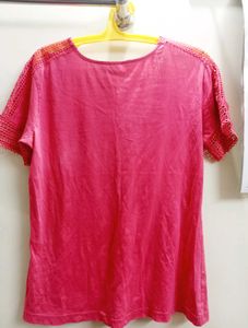 🌸 Pink Crochet Sleeve Top – Size L 🌸