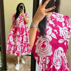 Chic Pink Rose Print Tiered Dress