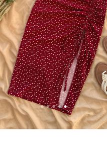 Chic Red Heart Print Ruched Midi Skirt Set