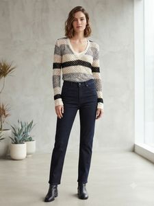 Striped Crochet Knit V-Neck Sweater