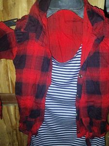 Striped Top with Red Cardigan Set