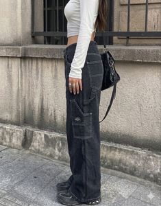 Bershka Contrast Stitch Black Cargo Jeans