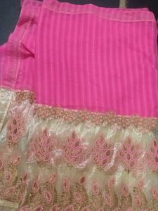 Pink &amp; Cream Embroidered Saree – No Blouse Include
