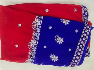 Embroidered Blue &amp; Red Sari