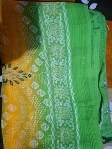 Green Yellow Gradient Saree with Mirror Work