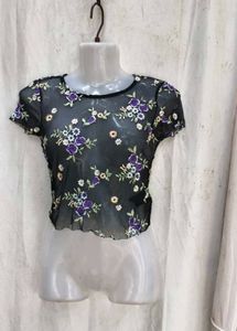 16158. Sheer Floral Embroidered Mesh Top