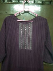 Purple Striped Kurta with Embellished Neckline