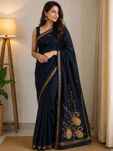 Elegant Navy Blue Embroidered Saree