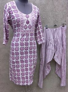 Purple Block Print Kurta With Dhoti Pants