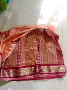 Peach Silk Saree with Maroon Border