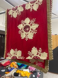 Red Embroidered Dupatta with Pearl Border