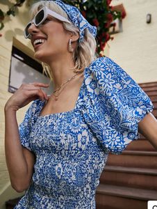 Blue Floral Midi Dress, size S, stretchable.