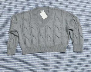 Gray Cable Knit V-Neck Sweater