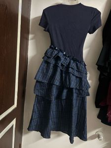 Navy Blue Ruffled Plaid Dress