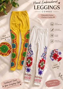 combo yellow and white hand embroidered leggings