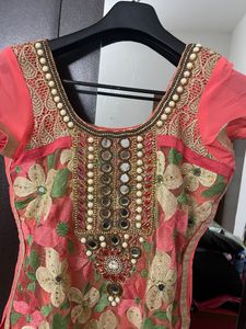 Peach Kurta Pant Set With Mirror Work