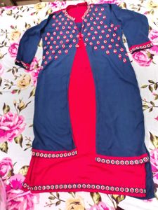 Blue & Red Embroidered Kurta