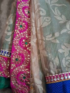 Green And Beige Kundan Work Jute Saree