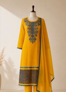 Bright Mustard Yellow Suit with Grey Embroidery