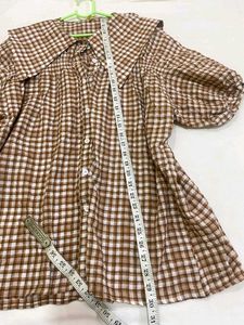Cute Brown Gingham Puff Sleeve Top