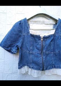 Korean denim top front zip