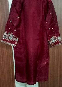 Embroidered red Kurta with plazo and dupatta