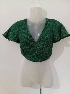 Chic Green Polka Dot Wrap Top