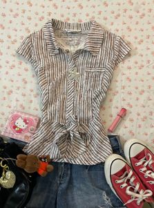 Striped Tie-Front Button-Up Top