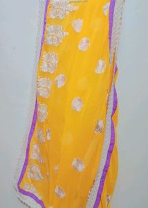 Yellow Color White Embroidery Flower Dupatta