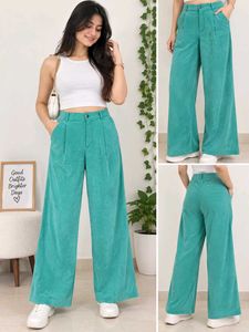 Stylish Teal Wide-Leg Corduroy Pants