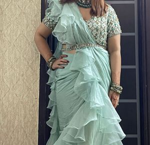 Elegant Pre Draped Ruffled Saree With Belt