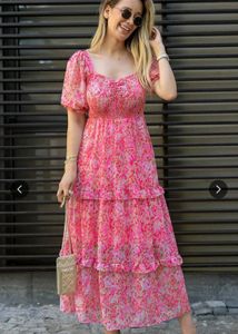 Pink Floral Tiered Maxi Dress