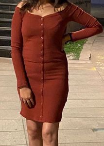 Ribbed Off-Shoulder Button-Up Midi Dress