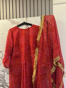 Pure Bandhani Print Gown with Golden Dupatta