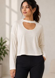 Cream Cut-Out Neck Long Sleeve Top