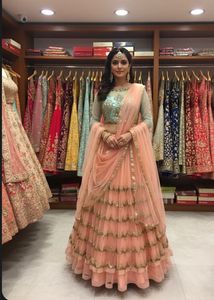 Elegant Peach Layered Lehenga Choli with Dupatta