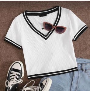 Striped Trim V-Neck Crop Tee