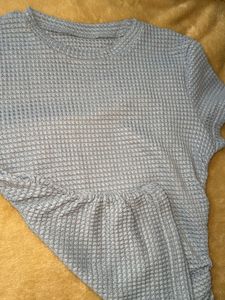 Blue Waffle Knit Ruched T-Shirt