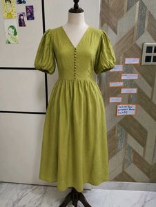 Olive Green Puff Sleeve Midi Dress