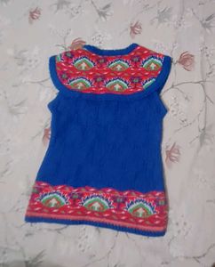 Blue Knitted Kurta With Tribal Print