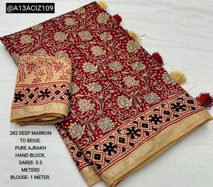 Elegant Ajrakh Printed Red Saree
