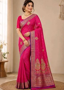 Vibrant Pink Silk Saree with Gold Weaving