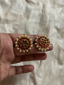 Elegant Red & Green Pearl Stud Earrings