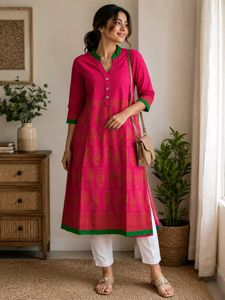 Vibrant Pink Kurta with Green Trim