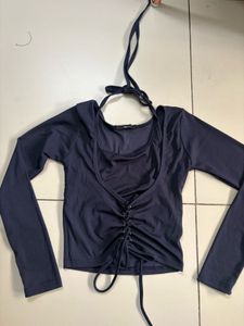 Dark Blue Ruched Long Sleeve Top