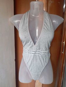 Grey Plunging Neck Bodysuit