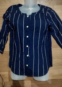 Navy Blue Striped Button-Up Top
